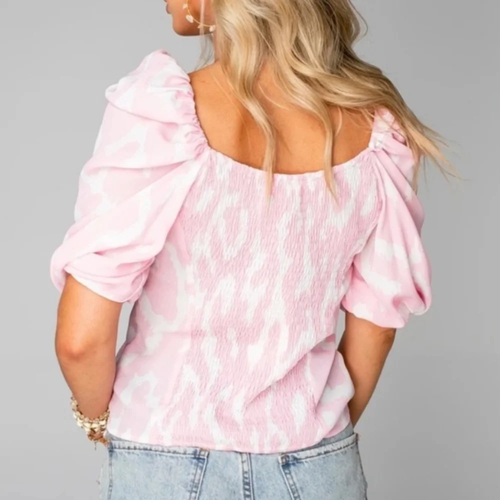 Anthropologie Buddy Love Pink White Abstract Print Puff Sleeve Demi Top